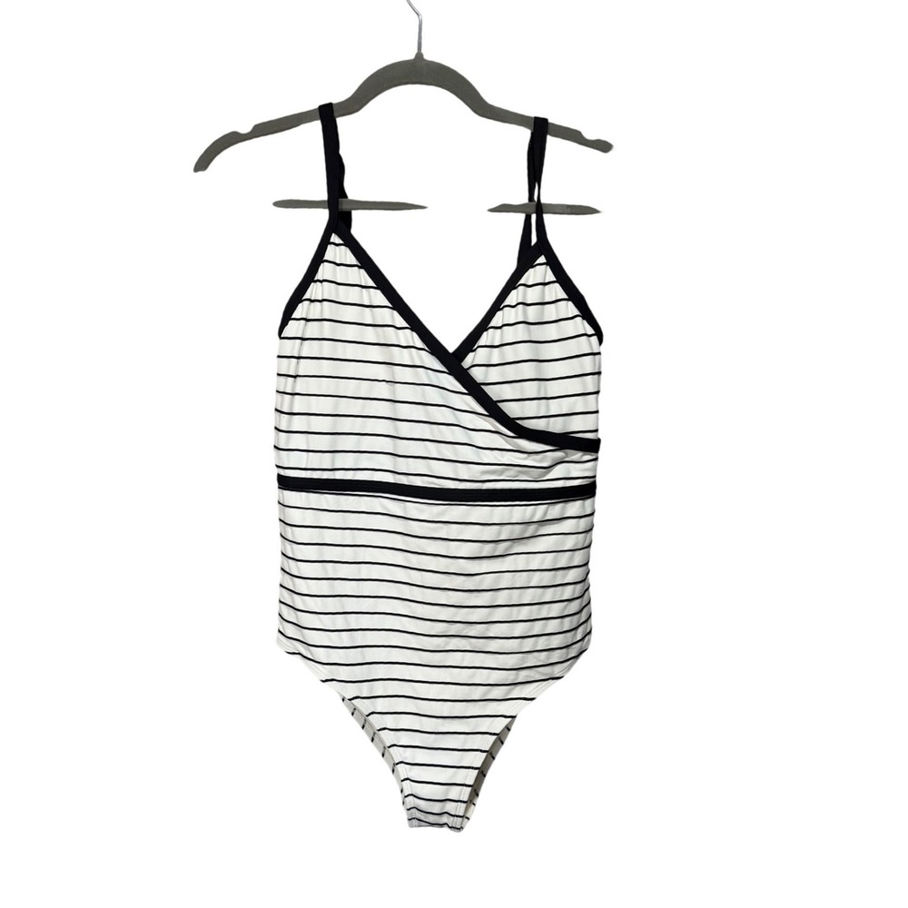 SKYE Womens Black White‎ Striped Wrap V-Neck One Piece Swimsuit Large SK752165
